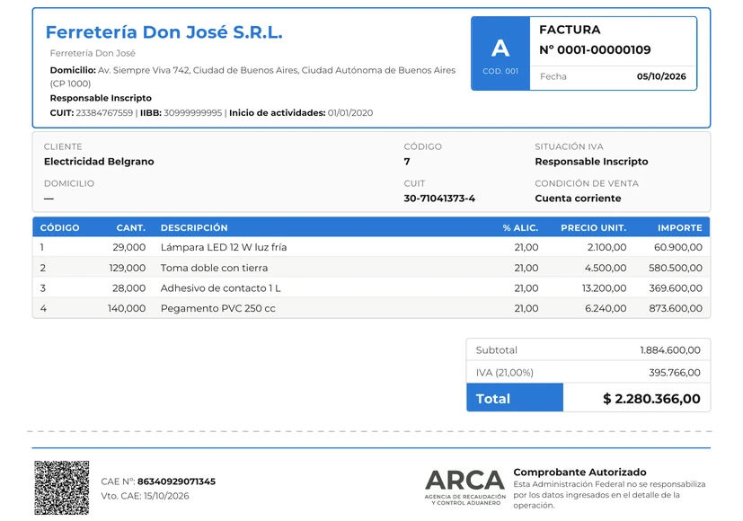 PDF de una Factura A emitida por LABGE, con QR y CAE de ARCA