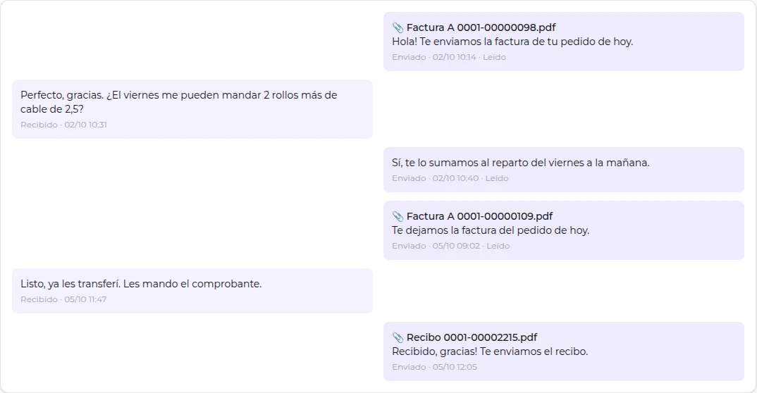 Conversación de WhatsApp con un cliente dentro del panel: facturas y recibo enviados como PDF